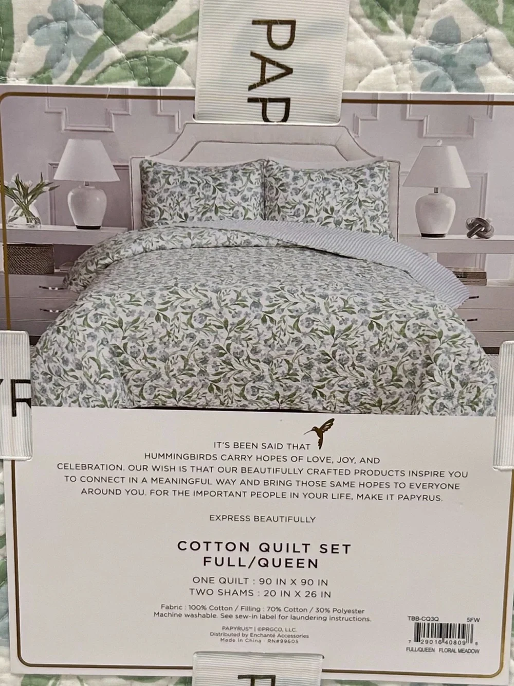 Papyrus Green, White and Blue Cotton Full/Queen Floral Quilt 90”x90”